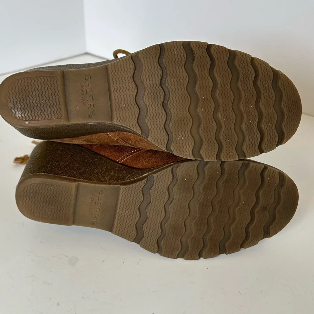Sperry Top Slider Distressed Brown Leather Lace up Wedge Heel Ankle Boots Sz 7.5